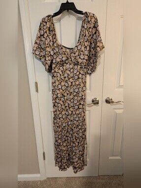 saltwater LUXE Brown Maxi Dress with Blue and Pink Floral Print NWT